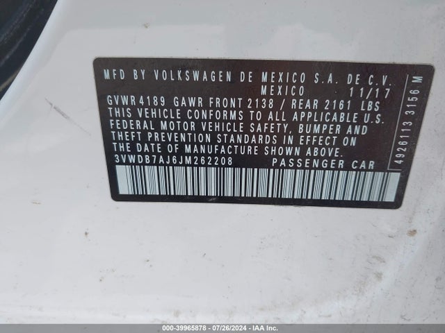 3VWDB7AJ6JM262208 Volkswagen Jetta 1.4t Se/1.4t Wolfsburg Edition