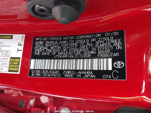 JTDKARFU6L3112308 Toyota Prius Limited