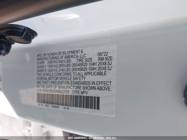 Honda Passport Awd Elite 2022 5FNYF8H00NB022058 Image 9