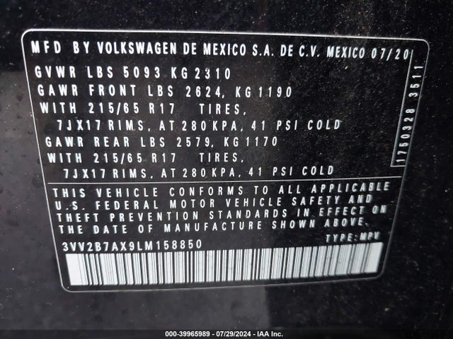 Aukcja sprzedaży 2020 Volkswagen Tiguan 2.0t Se/2.0t Se R-line Black/2.0t Sel, vin: 3VV2B7AX9LM158850, numer aukcji: 39965989