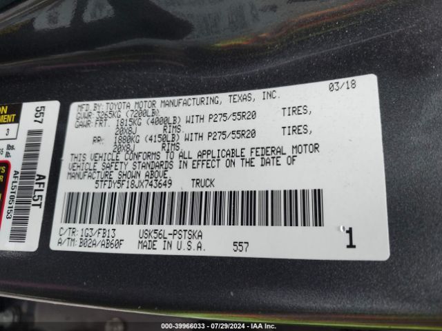 5TFDY5F18JX743649 Toyota Tundra Sr5 5.7l V8