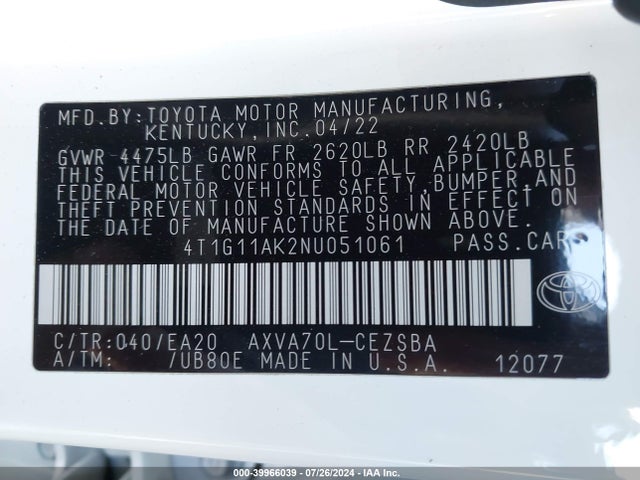 Toyota CAMRY SE 2022 4T1G11AK2NU051061 Image 9