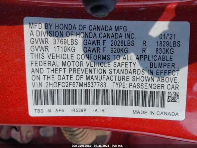 2HGFC2F67MH537783 Honda Civic Lx
