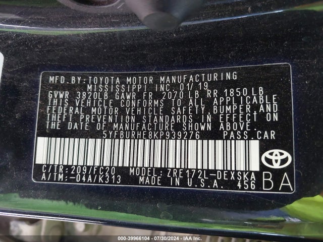 Toyota COROLLA SE 2019 5YFBURHE8KP939276 Image 9