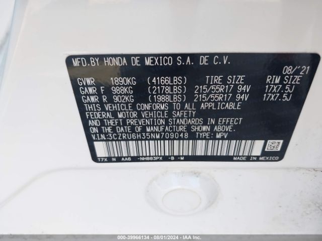 3CZRU6H35NM709048 Honda Hr-v Awd Lx