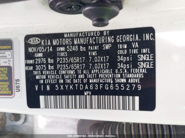 5XYKTDA63FG655279 KIA SORENTO LX