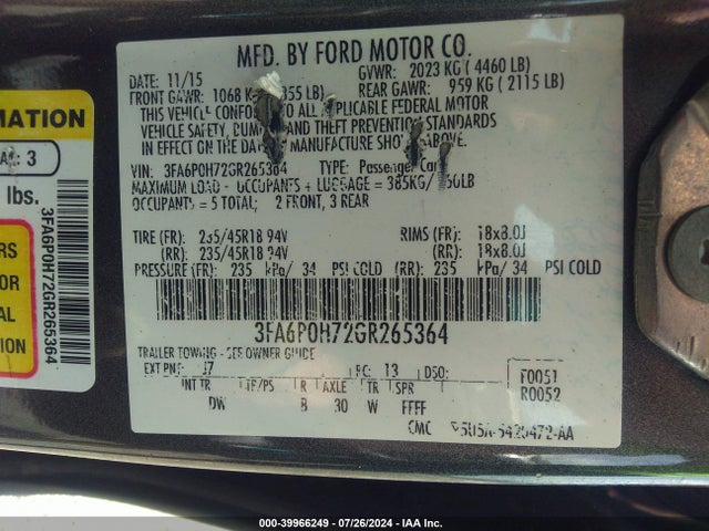 Ford FUSION SE 2016 3FA6P0H72GR265364 Image 9