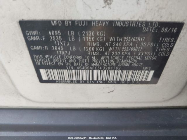 4S4BSAFC5H3204762 Subaru Outback 2.5i Premium