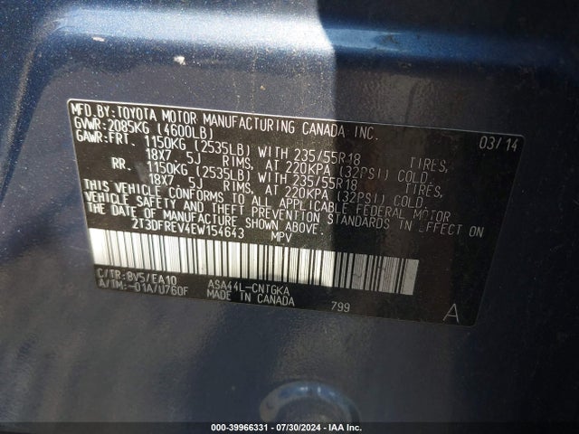 Toyota Rav4 Limited 2014 2T3DFREV4EW154643 Image 9