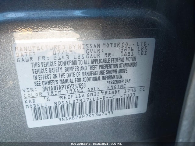 Nissan SENTRA SV 2019 3N1AB7AP7KY387693 Image 9