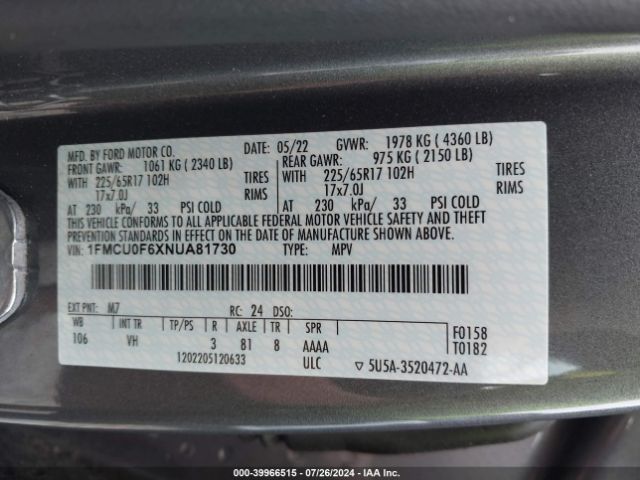 1FMCU0F6XNUA81730 Ford ESCAPE S