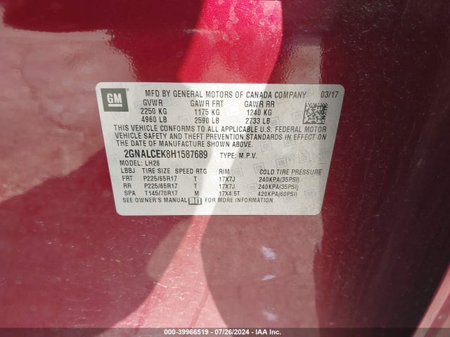 Chevrolet EQUINOX LT 2017 2GNALCEK8H1587689 Image 9