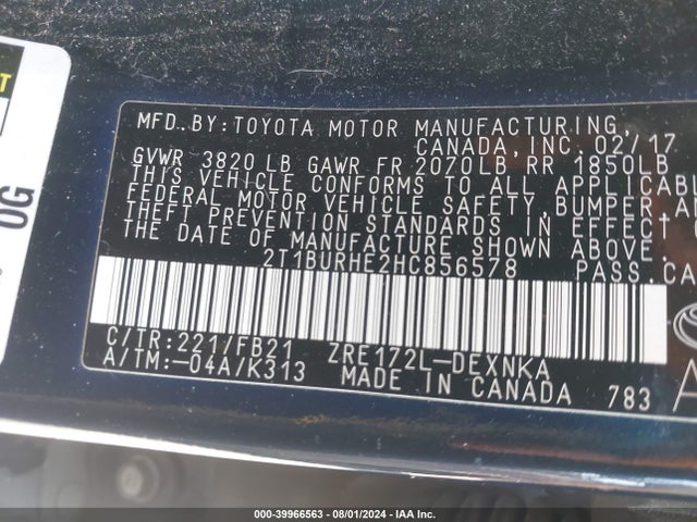 Toyota COROLLA LE 2017 2T1BURHE2HC856578 Image 9