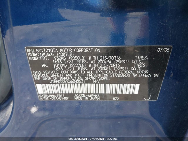 39966601 :رقم المزاد ، JTEHD20VX56042531 vin ، 2005 Toyota Rav4 مزاد بيع