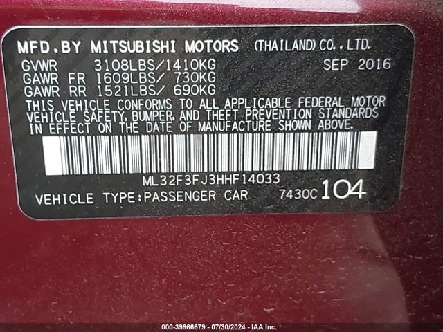 ML32F3FJ3HHF14033 Mitsubishi Mirage G4 Es