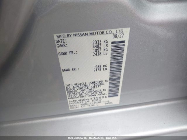 1N4BL4EW9NN419596 Nissan Altima Sl Intelligent Awd