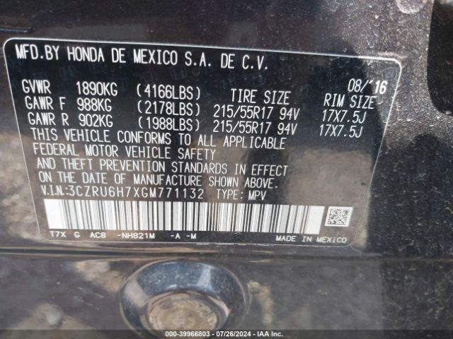 3CZRU6H7XGM771132 Honda Hr-v Ex-l