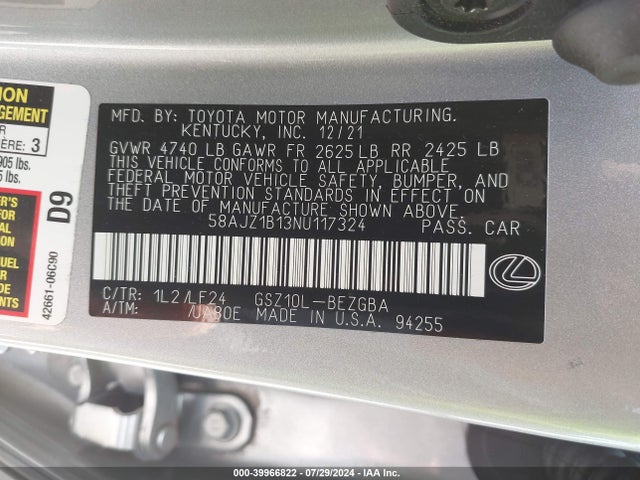 58AJZ1B13NU117324 Lexus Es 350 F Sport