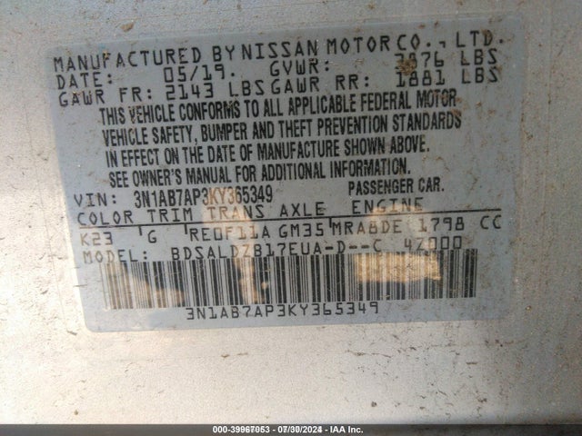 3N1AB7AP3KY365349 Nissan 2019