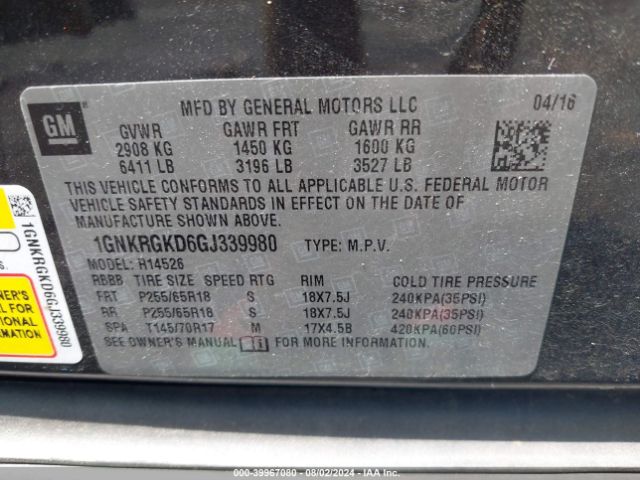 1GNKRGKD6GJ339980 Chevrolet Traverse 1lt