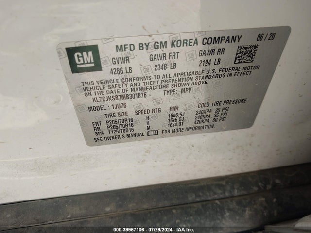 Chevrolet Trax Fwd Ls 2021 KL7CJKSB7MB301876 Image 9