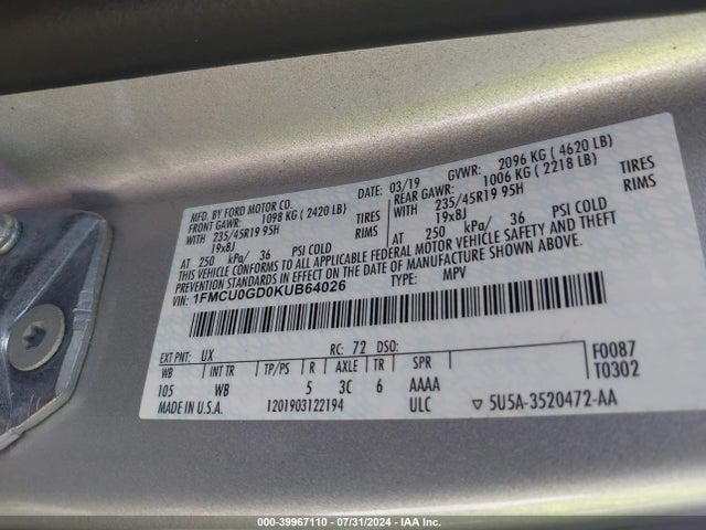 Ford ESCAPE SE 2019 1FMCU0GD0KUB64026 Image 9