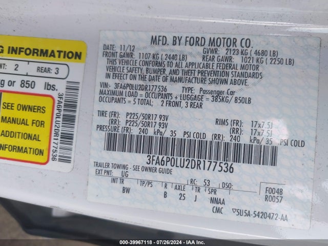 39967118 :رقم المزاد ، 3FA6P0LU2DR177536 vin ، 2013 Ford Fusion Hybrid Se مزاد بيع
