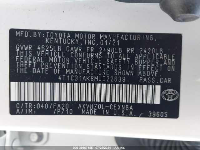 4T1C31AK8MU022638 Toyota Camry Le Hybrid