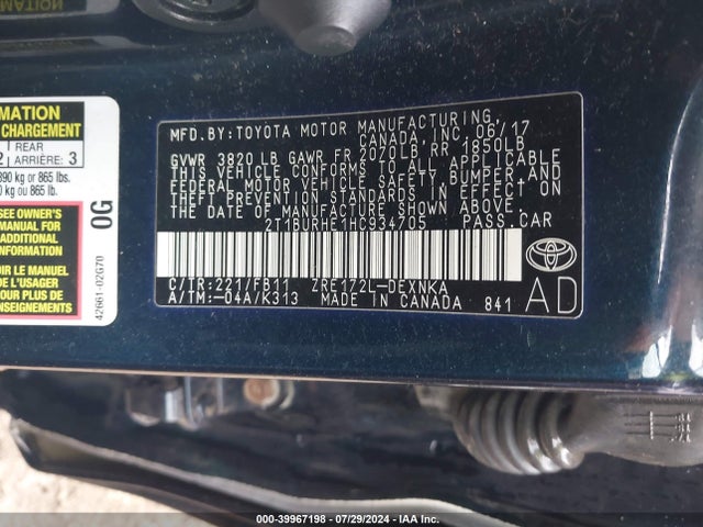Toyota COROLLA LE 2017 2T1BURHE1HC934705 Image 9