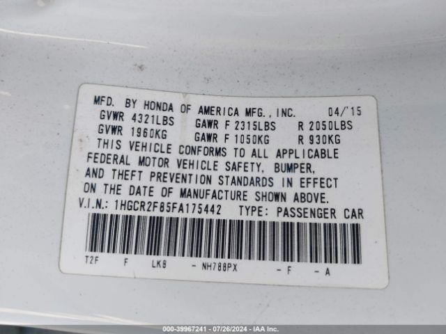 1HGCR2F85FA175442 Honda Accord Ex-l