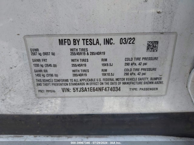 5YJSA1E64NF474034 Tesla Model S Plaid Tri Motor All-wheel Drive