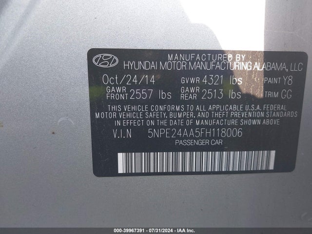 Hyundai SONATA ECO 2015 5NPE24AA5FH118006 Image 9