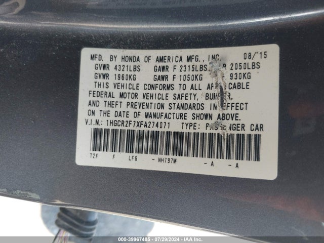 Honda ACCORD EX 2015 1HGCR2F7XFA274071 Image 9