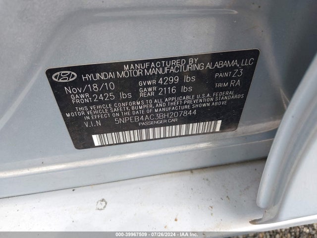Aukcja sprzedaży 2011 Hyundai Sonata Gls, vin: 5NPEB4AC3BH207844, numer aukcji: 39967509