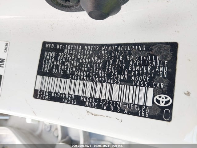 Toyota COROLLA LE 2021 5YFEPMAE0MP234685 Image 9