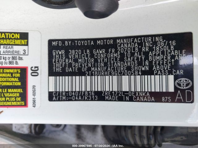 2T1BURHE9GC700584 Toyota Corolla L/le/le Pls/prm/s/s Pls