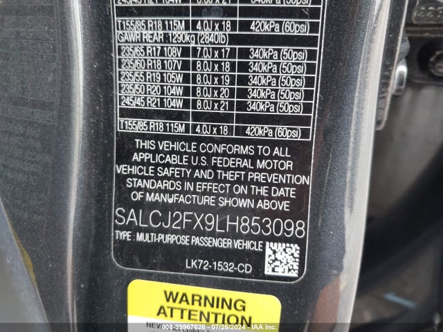 SALCJ2FX9LH853098 Land Rover Discovery Sport S