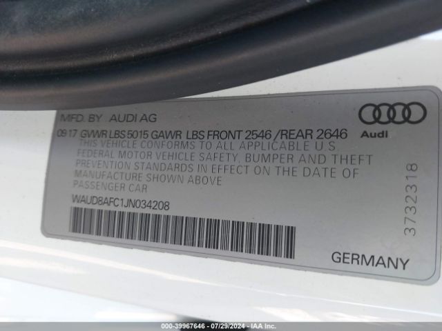 WAUD8AFC1JN034208 Audi A6 2.0t Premium