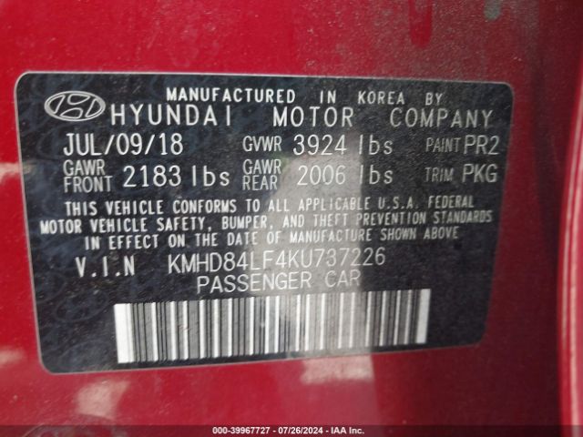 KMHD84LF4KU737226 Hyundai ELANTRA SEL