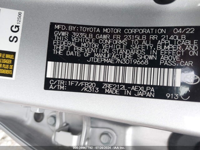 Toyota COROLLA LE 2022 JTDEPMAE7N3019668 Image 9