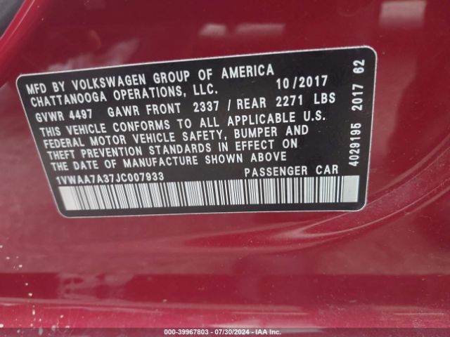 1VWAA7A37JC007933 Volkswagen Passat 2.0t R-line/2.0t S