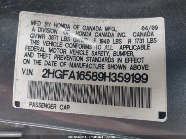 Auction sale of the 2009 Honda Civic Lx, vin: 2HGFA16589H359199, lot number: 39967814