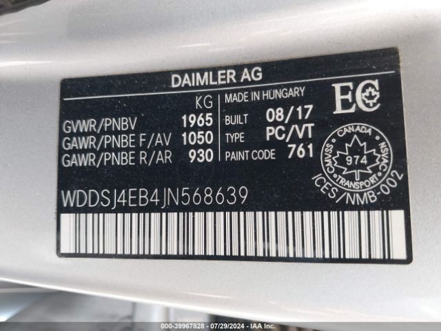 WDDSJ4EB4JN568639 Mercedes-Benz CLA 250