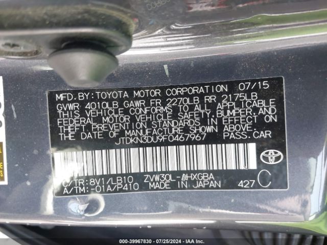 JTDKN3DU9F0467967 Toyota Prius Four