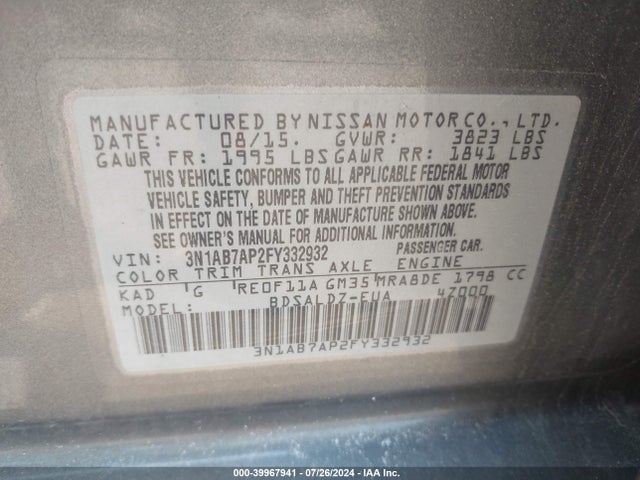 Nissan SENTRA SV 2015 3N1AB7AP2FY332932 Image 9