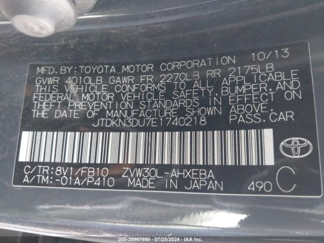 JTDKN3DU7E1740218 Toyota Prius Two