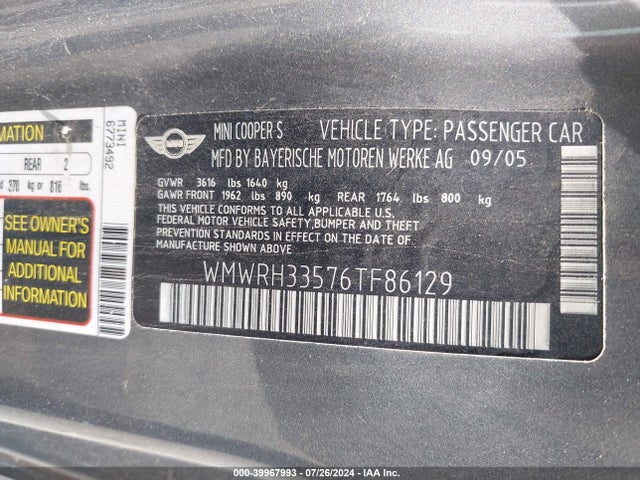 2006 MINI COOPER S WMWRH33576TF86129 Photo 8