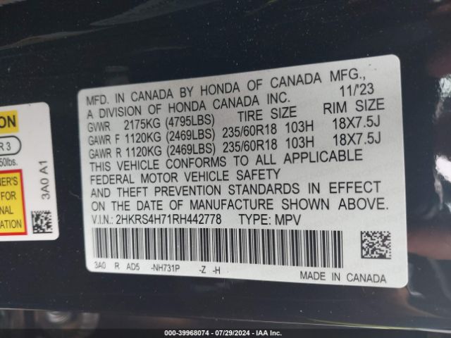 2HKRS4H71RH442778 Honda Cr-v Ex-l Awd