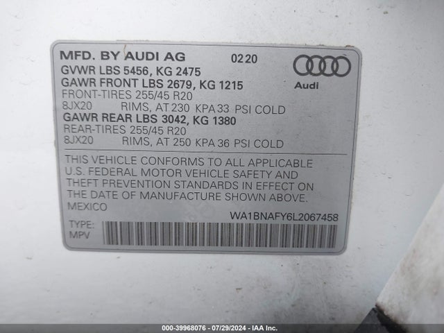 WA1BNAFY6L2067458 Audi Q5 Premium Plus 45 Tfsi Quattro S Tronic