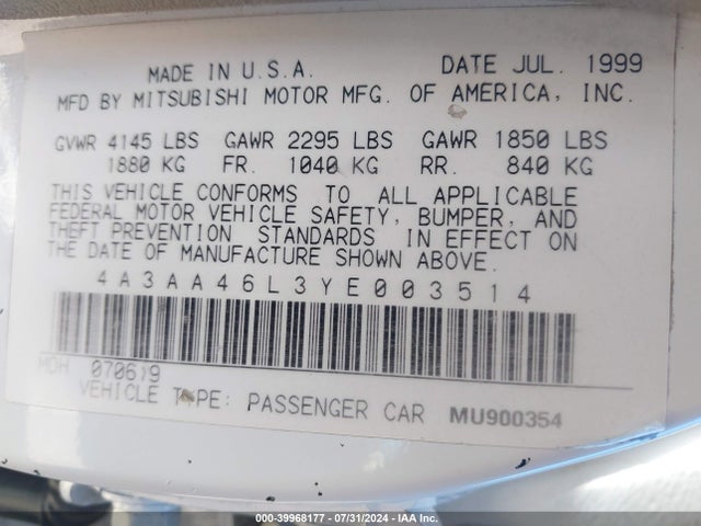 2000 MITSUBISHI GALANT 4A3AA46L3YE003514 Photo 8